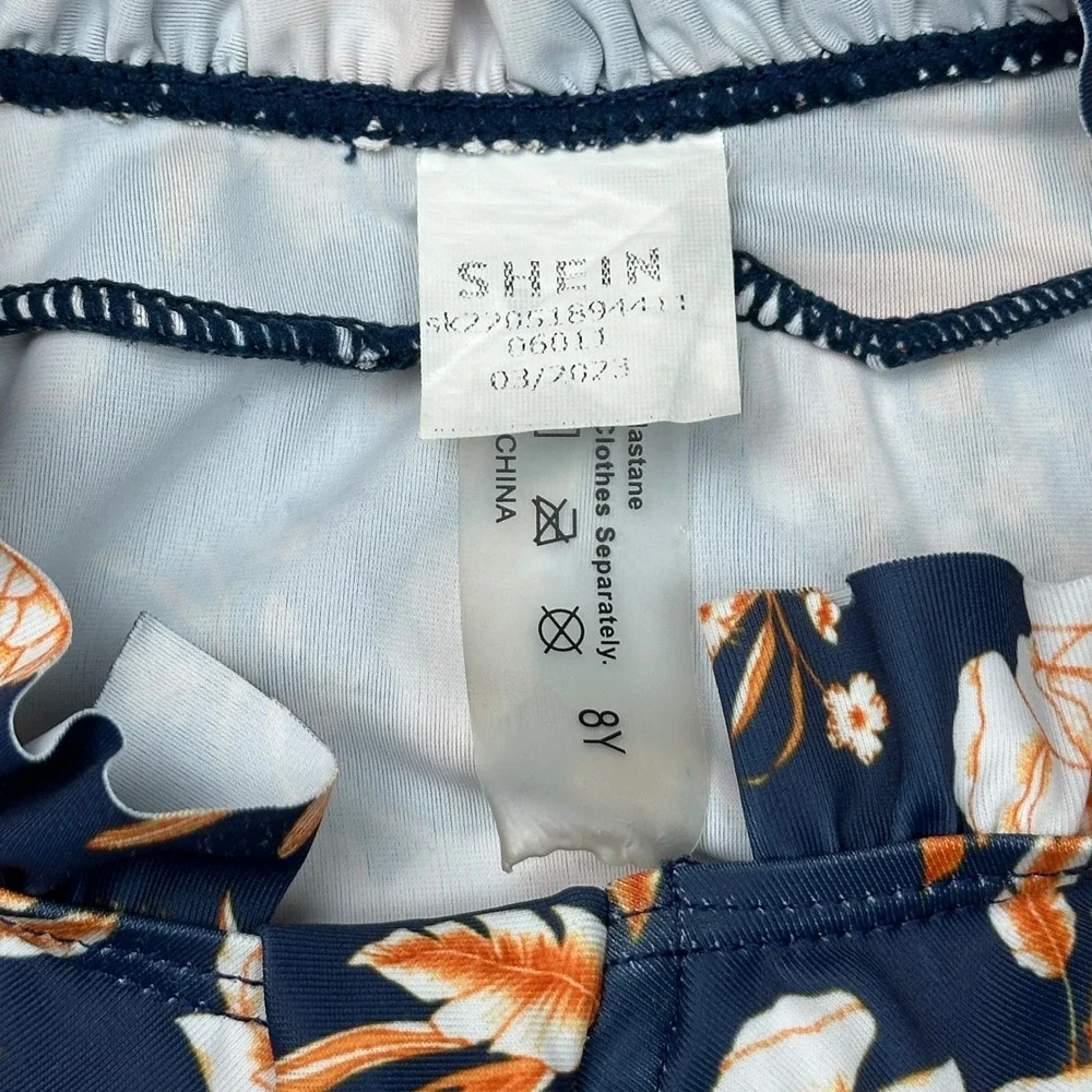 SHEIN Kids Floral One Piece Swimsuit Navy Orange Ruffle Mock Neck Zipper Size 8Y